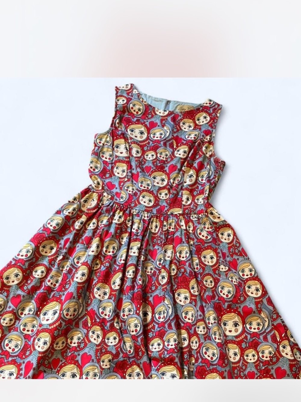 Lindy Bop Red and Light Blue Doll Print Dress